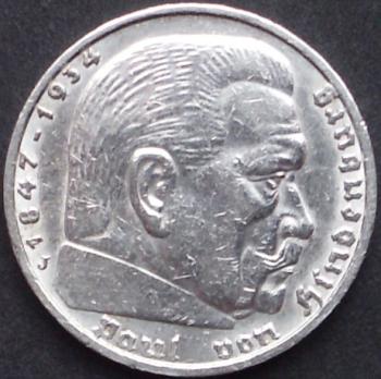 5 Reichsmark 1937 Deutsches Reich 1937 "Porträt von Paul von Hindenburg (1847–1934)"