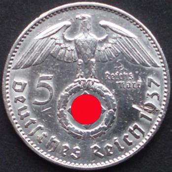5 Reichsmark 1937 Deutsches Reich 1937 "Porträt von Paul von Hindenburg (1847–1934)"