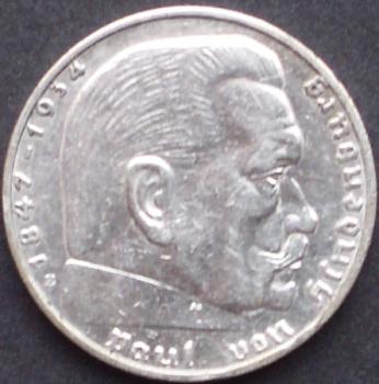 2 Reichsmark 1937 Deutsches Reich "Porträt von Paul von Hindenburg"