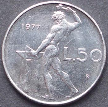50 Lire Münze 1977 Italien aus der Zeit der italienischen Republik.