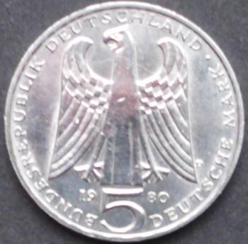 5 DM Münze Gedenkmünze 1980 "750. Todestag des Minnesängers Walther von der Vogelweide"