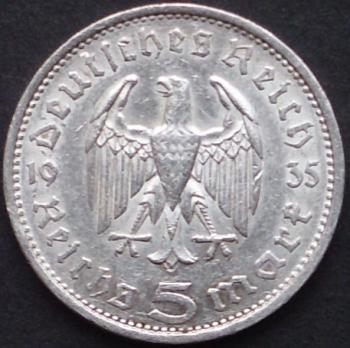 5 Reichsmark 1935 Deutsches Reich "zu Ehren von Paul von Hindenburg (1847–1934)"