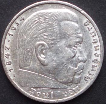 5 Reichsmark 1936 Deutsches Reich 1936 "Porträt von Paul von Hindenburg (1847–1934)"