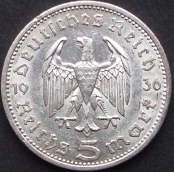 5 Reichsmark 1936 Deutsches Reich 1936 "Porträt von Paul von Hindenburg (1847–1934)"