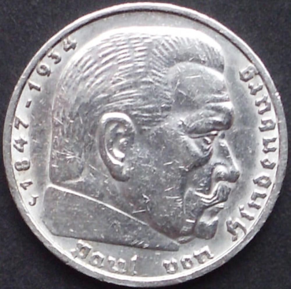 5 Reichsmark 1937 Deutsches Reich 1937 "Porträt von Paul von Hindenburg (1847–1934)"