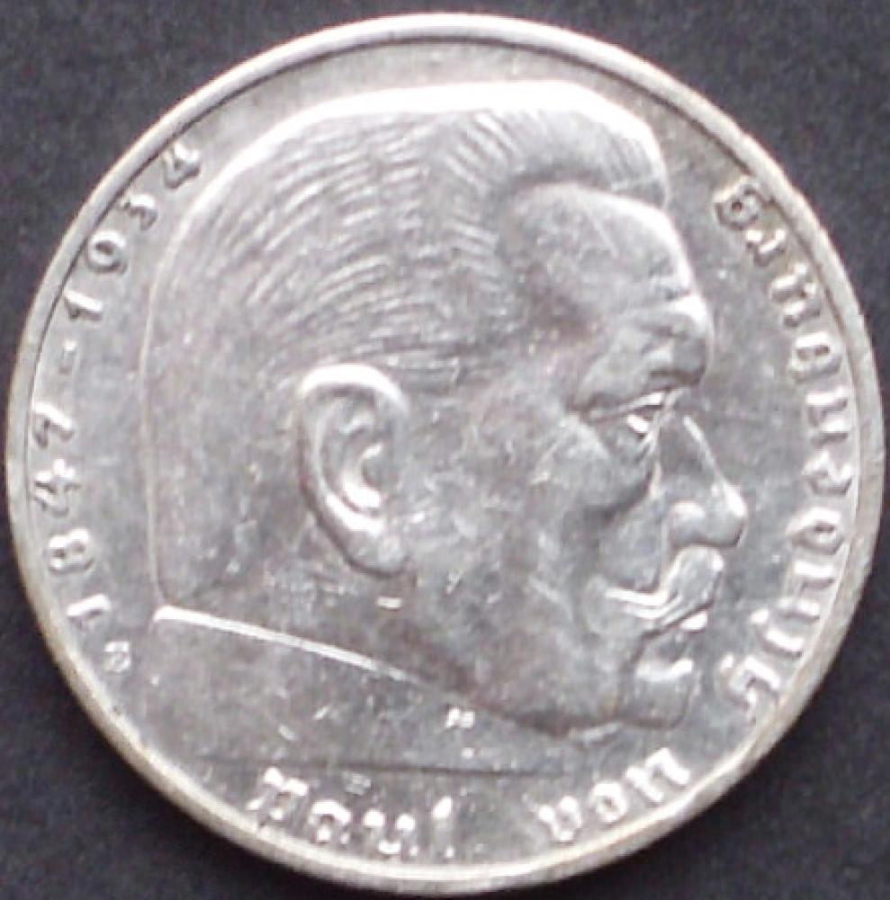 2 Reichsmark 1937 Deutsches Reich "Porträt von Paul von Hindenburg"