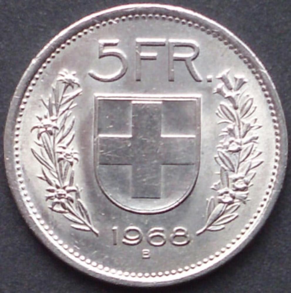 5 Franken Münze 1968 Schweiz Umlaufmünze mit dem Prägezeichen „B“ für Bern