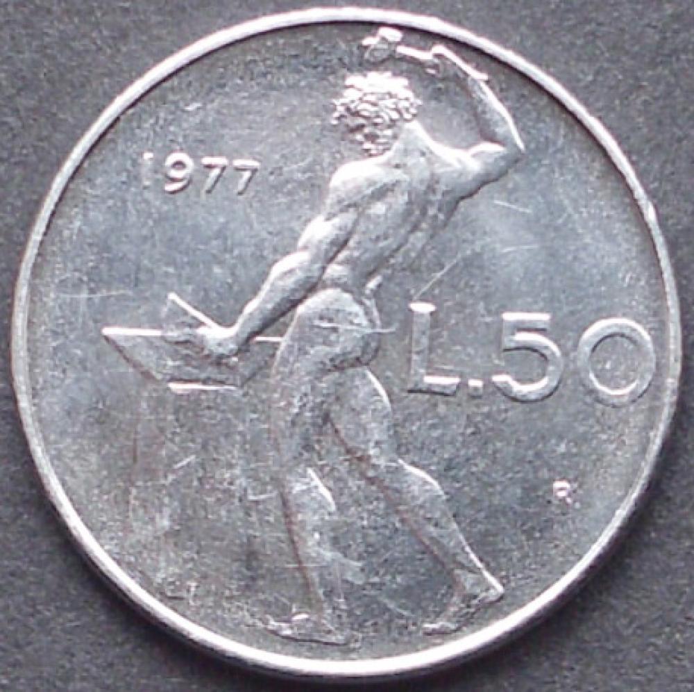 50 Lire Münze 1977 Italien aus der Zeit der italienischen Republik.