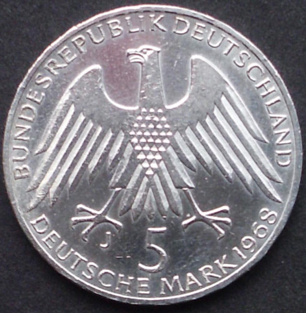 5 DM Münze Gedenkmünze 1968 "150. Geburtstag von Friedrich Wilhelm Raiffeisen"