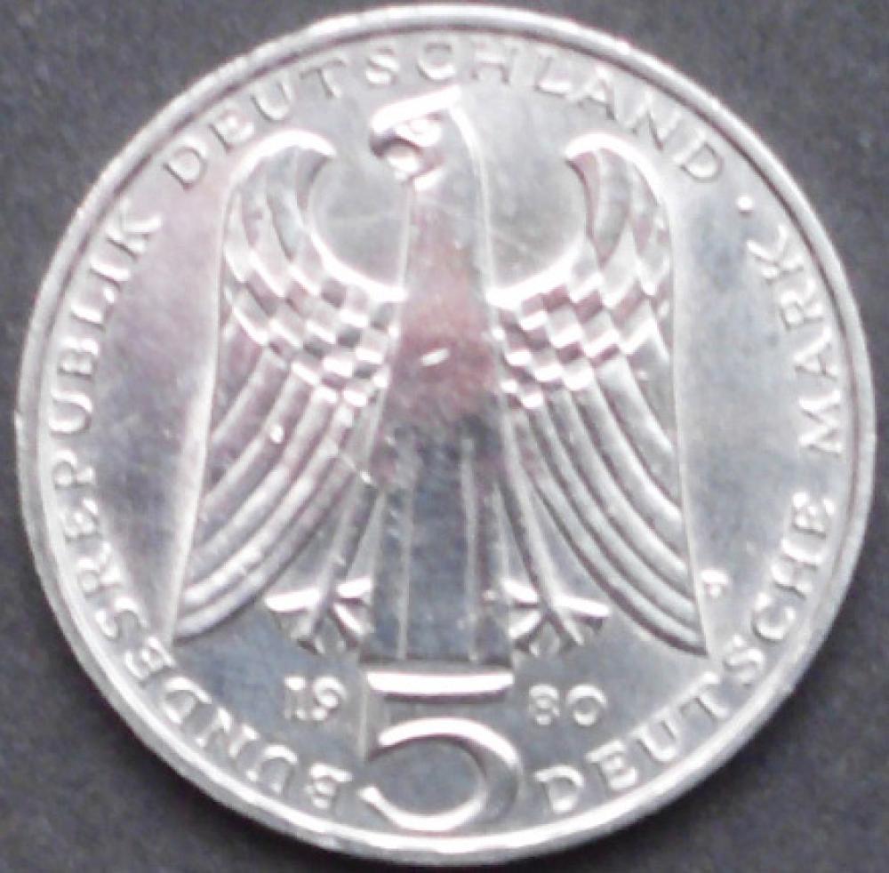 5 DM Münze Gedenkmünze 1980 "750. Todestag des Minnesängers Walther von der Vogelweide"
