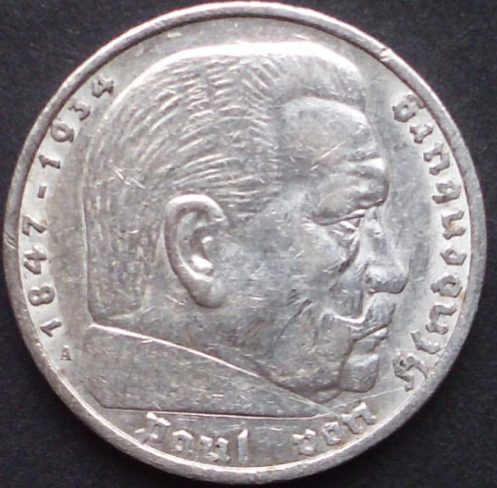 5 Reichsmark 1936 Deutsches Reich 1936 "Porträt von Paul von Hindenburg (1847–1934)"
